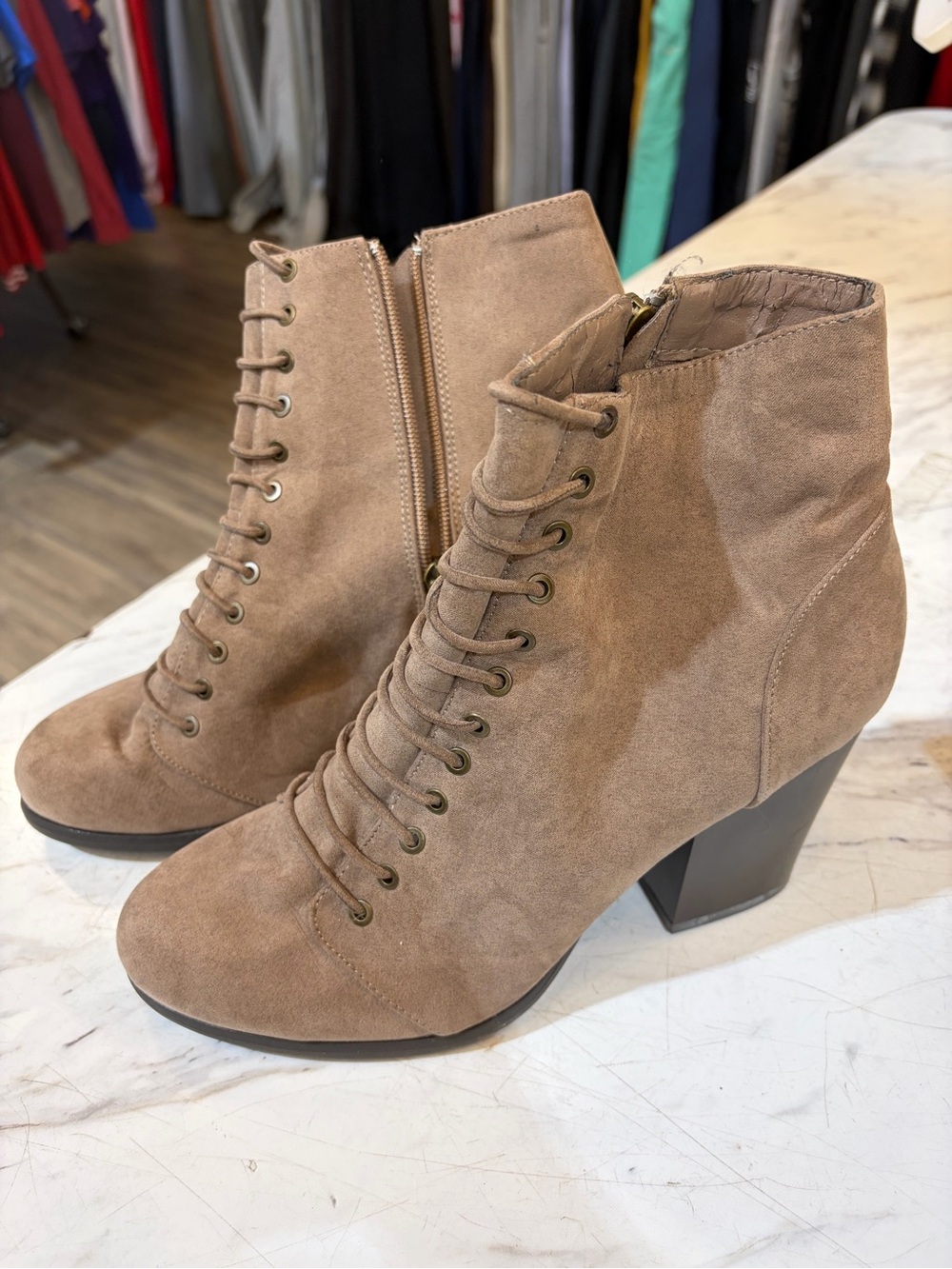 BAMBOO Taupe Lace-Up Suede Ankle Boots